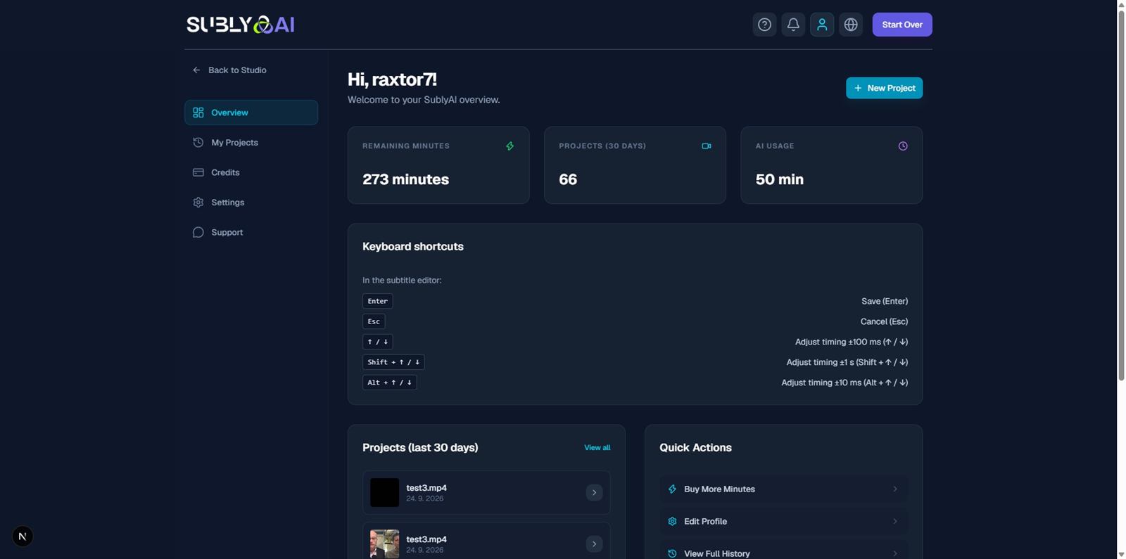 SublyAI dashboard with remaining minutes, quick upload action and a list of recent projects