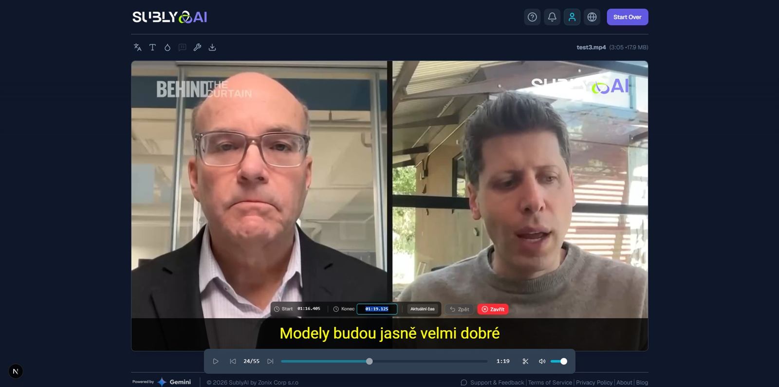 SublyAI subtitle timeline with timed transcript segments and video preview
